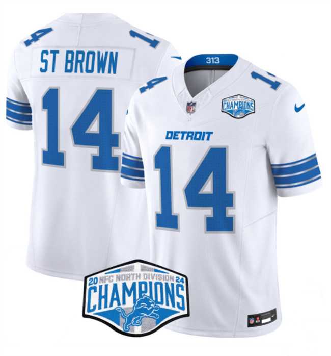 Mens Detroit Lions #14 Amon-Ra St. Brown White 2024 NFC North Champions F.U.S.E. Vapor Limited Stitched Jersey